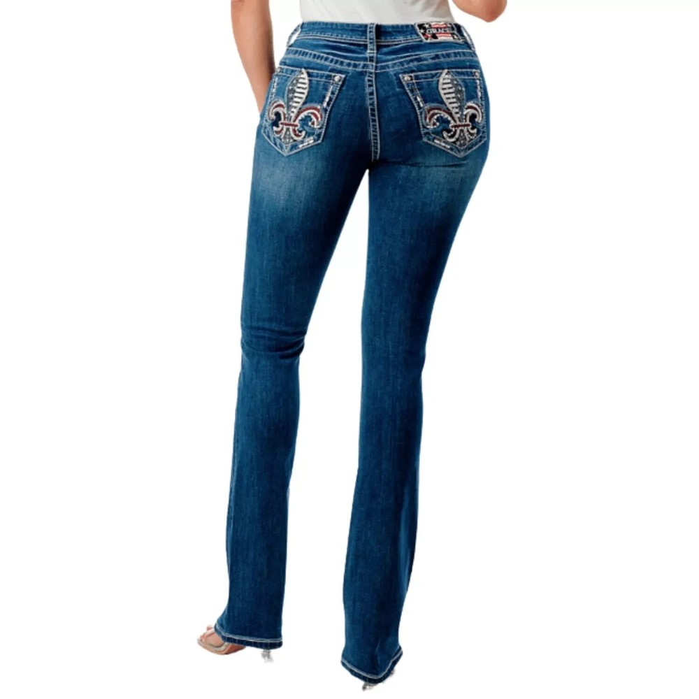 Grace in LA Americana Bootcut Jeans with Fleur De Lis Flag Mid Rise 28x34 Preowned
