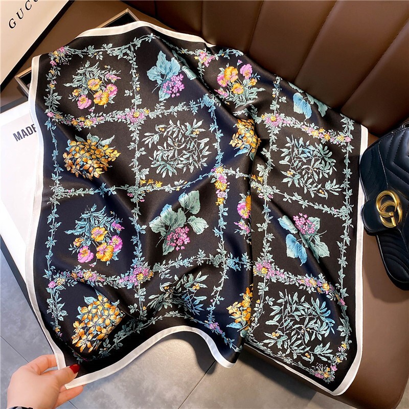 100% Silk Square Scarf Black Check Floral Bandana Wrap 68x68cm for Women