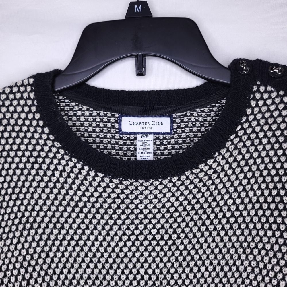 CHARTER CLUB Womens Black White Knit Textured Button Shoulder Sweater PETITE