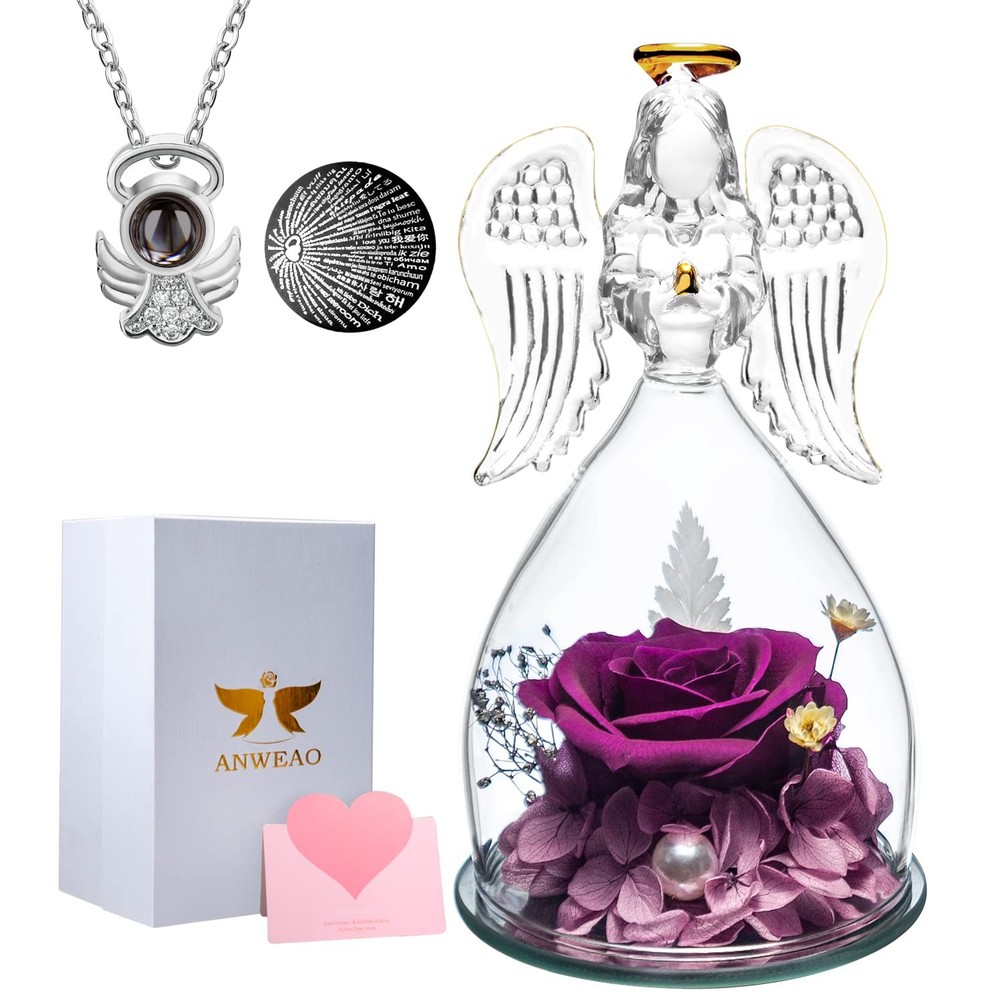 Preserved Valentines Rose Gift for Mom with Angel Necklace Charm