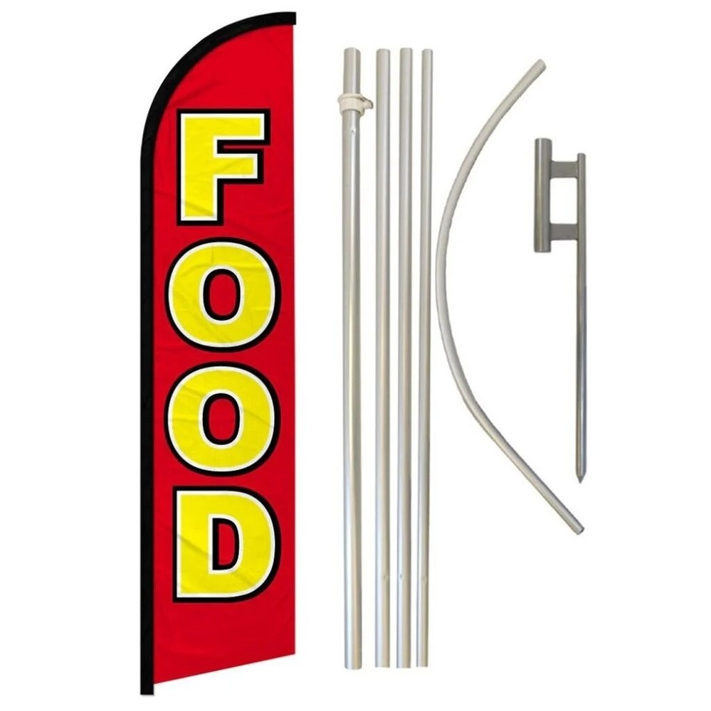 Food Red Yellow Advertising Windless Banner Flag & Flag Pole Kit & Ground Spike