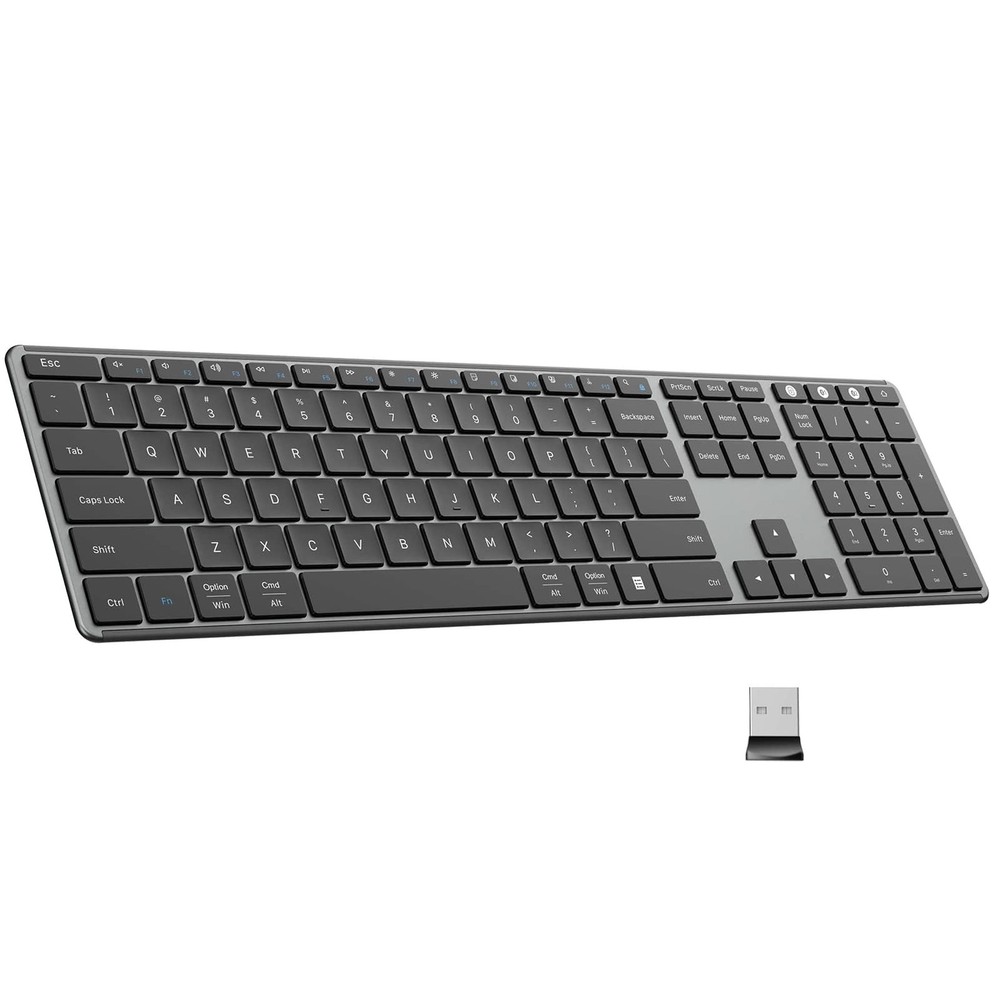 2.4G Wireless Bluetooth Full-Size Keyboard with Quiet Slim Design and Multi-Device Rechargeable Battery