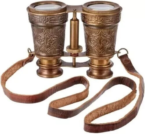 Antique Brass Nautical Binoculars with Vintage Telescope and Leather Case by Mariti
