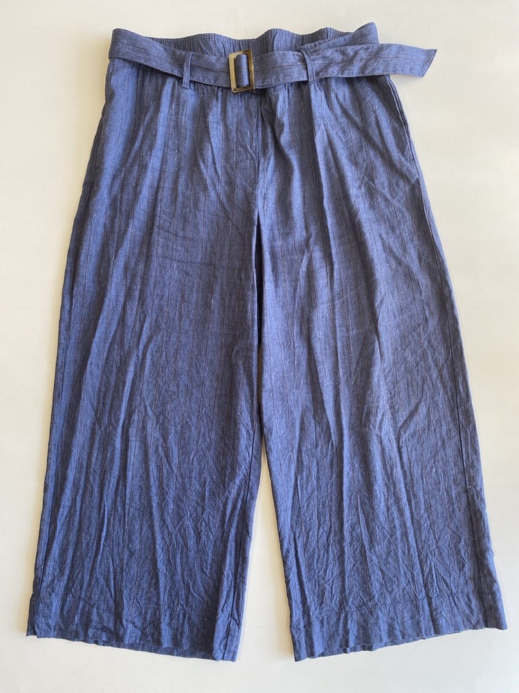 J. Jill Women’s Linen Stretch Jenna Pants Sz L Blue Stripe Belted Crop Wide Leg