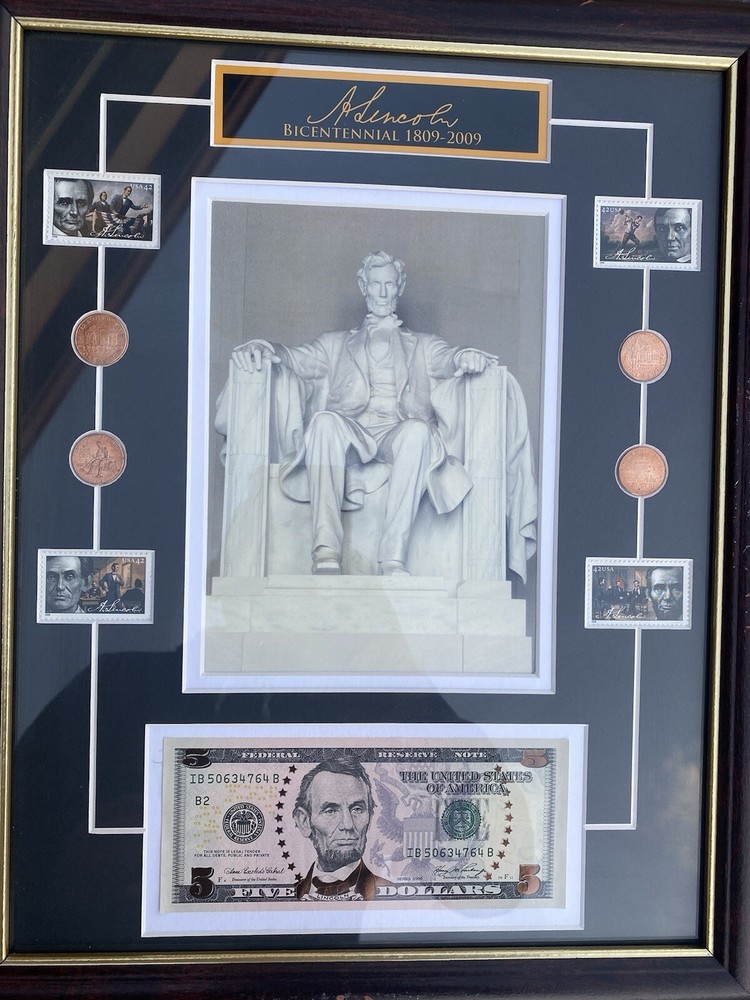 Abraham Lincoln Coin  5 dollars Currency and Stamp Commemorative Collection