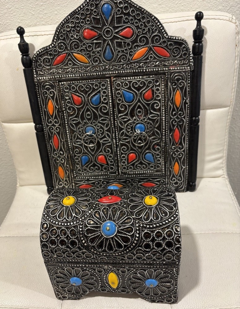 moroccan decor Set-handcrafted Mirror And Jewelry Box With Colorful Stone Inlays