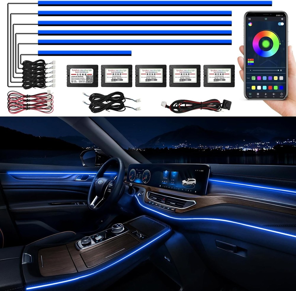 Acrylic Interior Car LED Strip Light with Wireless APP, RGB 6 in 1 & 175 inches