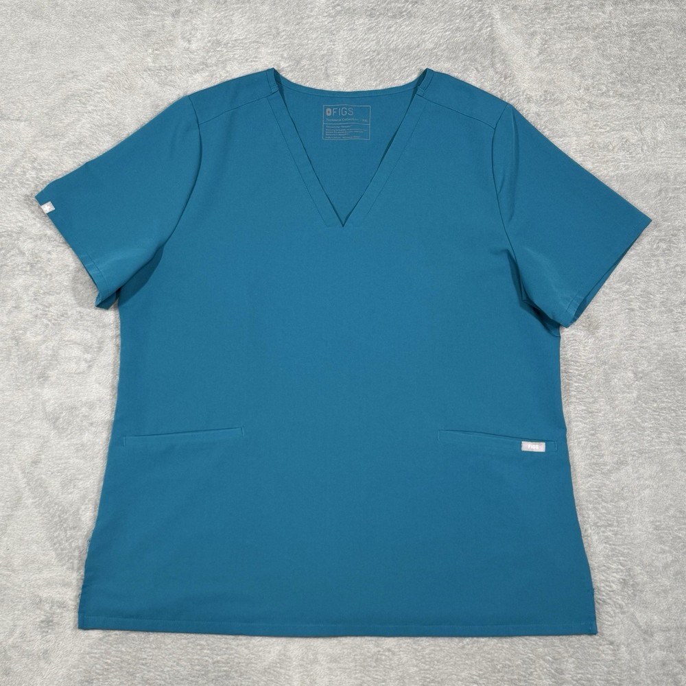 FIGS Casma Scrub Top XXL Teal Blue V Neck Medical Stretch Workwear Short Sleeve