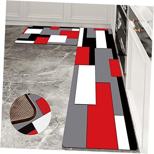 Black,White,Red and Grey Kitchen Rug Set 2 Piece Abstract Geometric Art