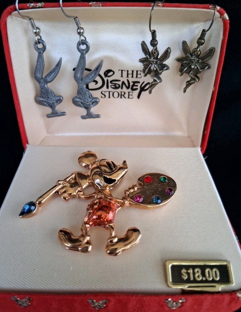 Lot Of 3 Disney Bugs Bunny Errings Mickey Mouse (NIB) Brooch Tinkerbell Errings
