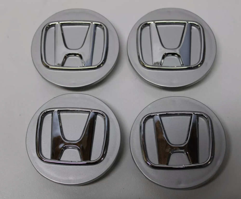 1999-2022 HONDA CIVIC GLOSSY SILVER Wheel Center Caps Black 58mm Rim Emblem Logo
