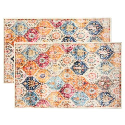 2 Washable Non-Slip Cream Retro Doormats 18x30 Inches for Indoor Use