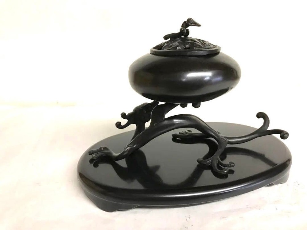 Bronze Incense Burner 6.6 in Dragon Japanese Censer Metal Sculpture Decor