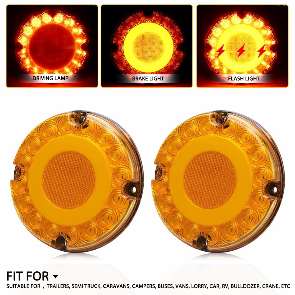 2PCS Amber 7-Inch Round LED Tail Lights for Trucks, Buses, Trailers with Stop, Turn, and DRL Functions