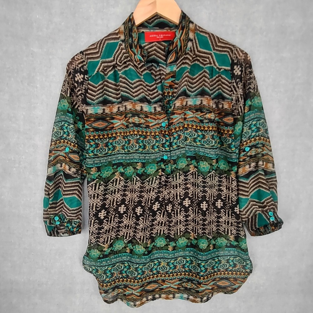 Akira Top Womens Small Multicolor Bohemian Chiffon Henley Southwestern Tunic