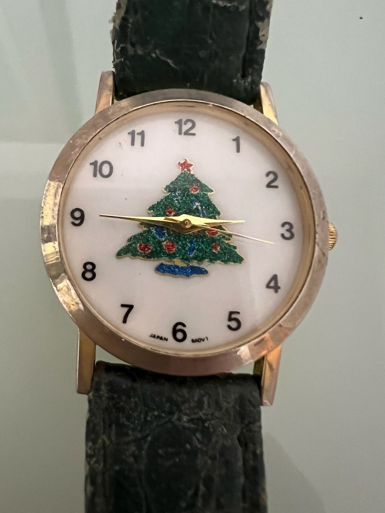 Vintage Watch Christmas Tree Gold Toned Japan Movt Leather Band For Restoration