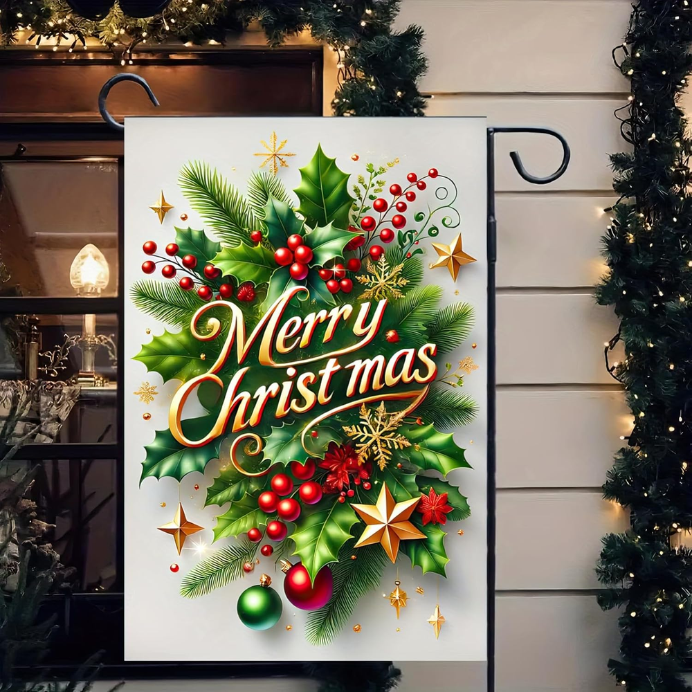 Merry Christmas Garden Flag 12X18 Inch Winter Holly Green Leaves Yard Flag Doubl