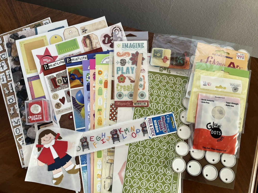 SCRAPBOOKING CRAFTS LOT OF STICKERS, EMBELLISHMENTS, RUB ONS, CRAFT PUNCH, TAGS