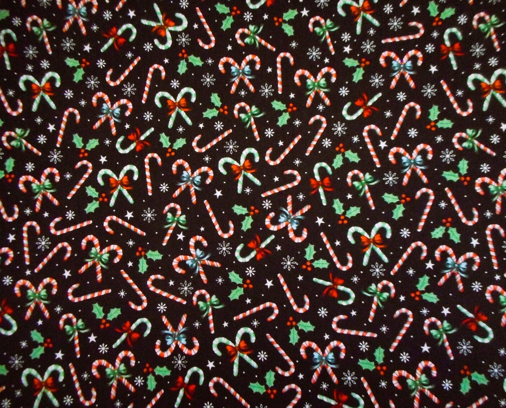 Christmas Fabric 1 1/8 Yard Candy Canes Snow Holly Black Premium Cotton #30 BH