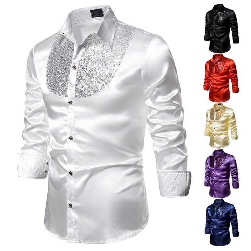 Mens Western Style Tops Long sleeve Sequined Stage Nightclub Glitter Shirt New D