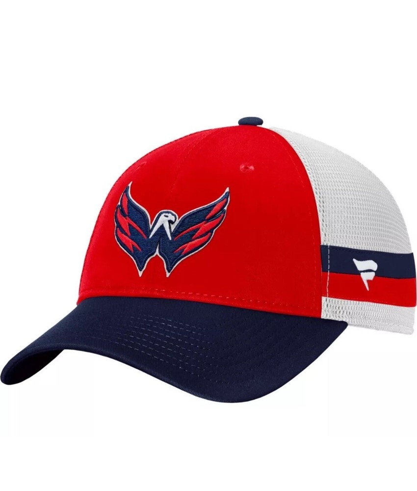 Men's Fanatics Red/Navy Washington Capitals Breakaway Striped Trucker Snapback
