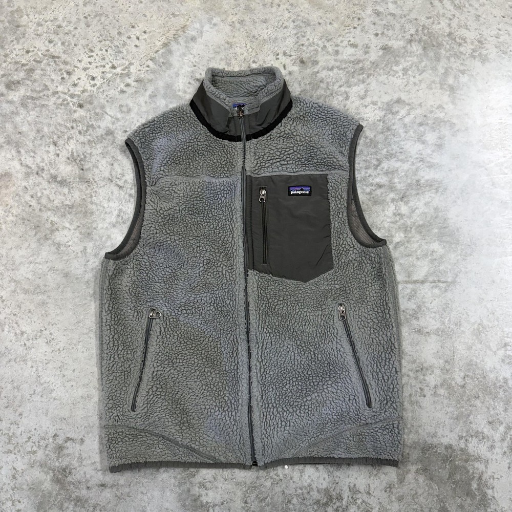 Patagonia Vest Mens Medium Gray Sherpa Fleece Full Zip Pockets Outdoor