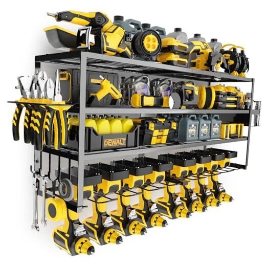 4-Layer Black Power Tool Organizer Wall Mount with 8 Drill Holders