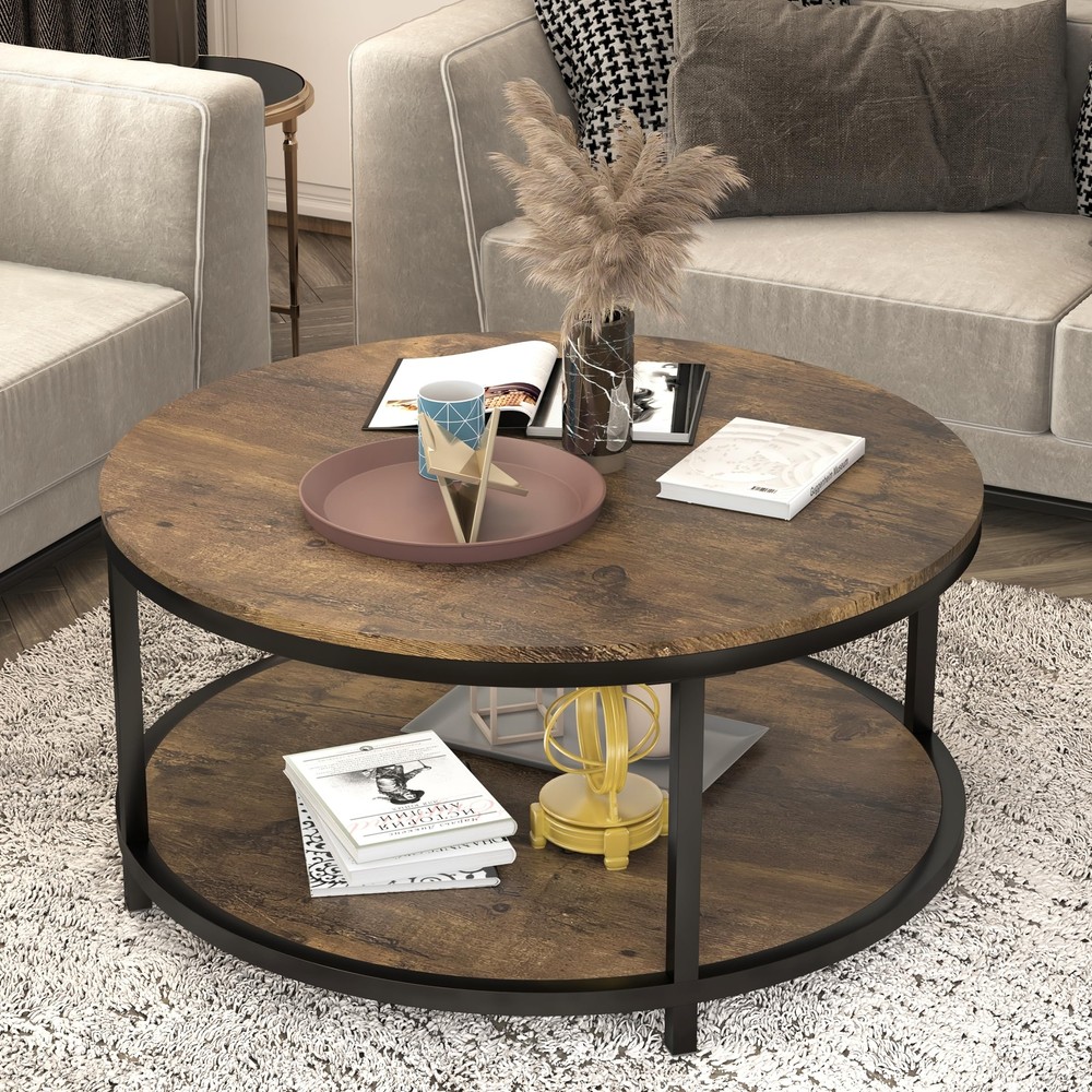 NSdirect 36 inches Round Coffee Table Rustic Wooden Surface Top & Sturdy Meta...