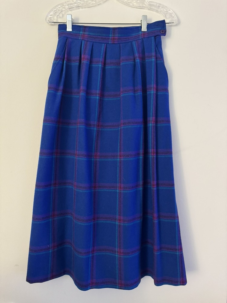 vintage Pendleton virgin wool plaid midi skirt A-line, side zipper, pockets sz8