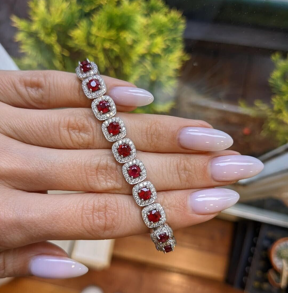 15Ct Created Red Ruby Halo Tennis Wedding Women's Bracelet 14K White Gold Finish