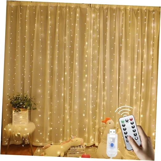 300 LED Curtain String Lights with Remote, Timer, 8 Modes, Warm White