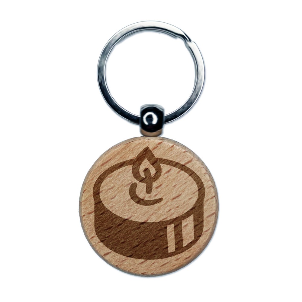 Tea Candle Light Engraved Wood Round Keychain Tag Charm