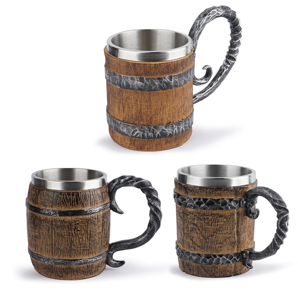 Viking Style Wooden Barrel Beer Cup with Stainless Steel Coffee Mug Vintage Design