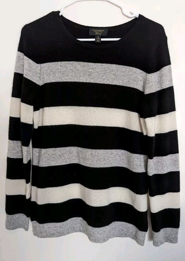 Cashmere Charter Club Cashmere Luxury Striped Sweater Blk/Gray/Ivory Size Medium