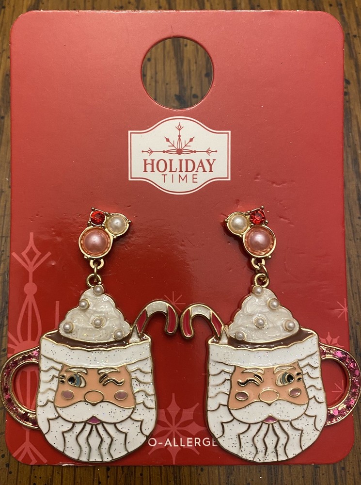 New Holiday Time Earrings Winking Santa Mug with Hot Chocolate & Candy Cane
