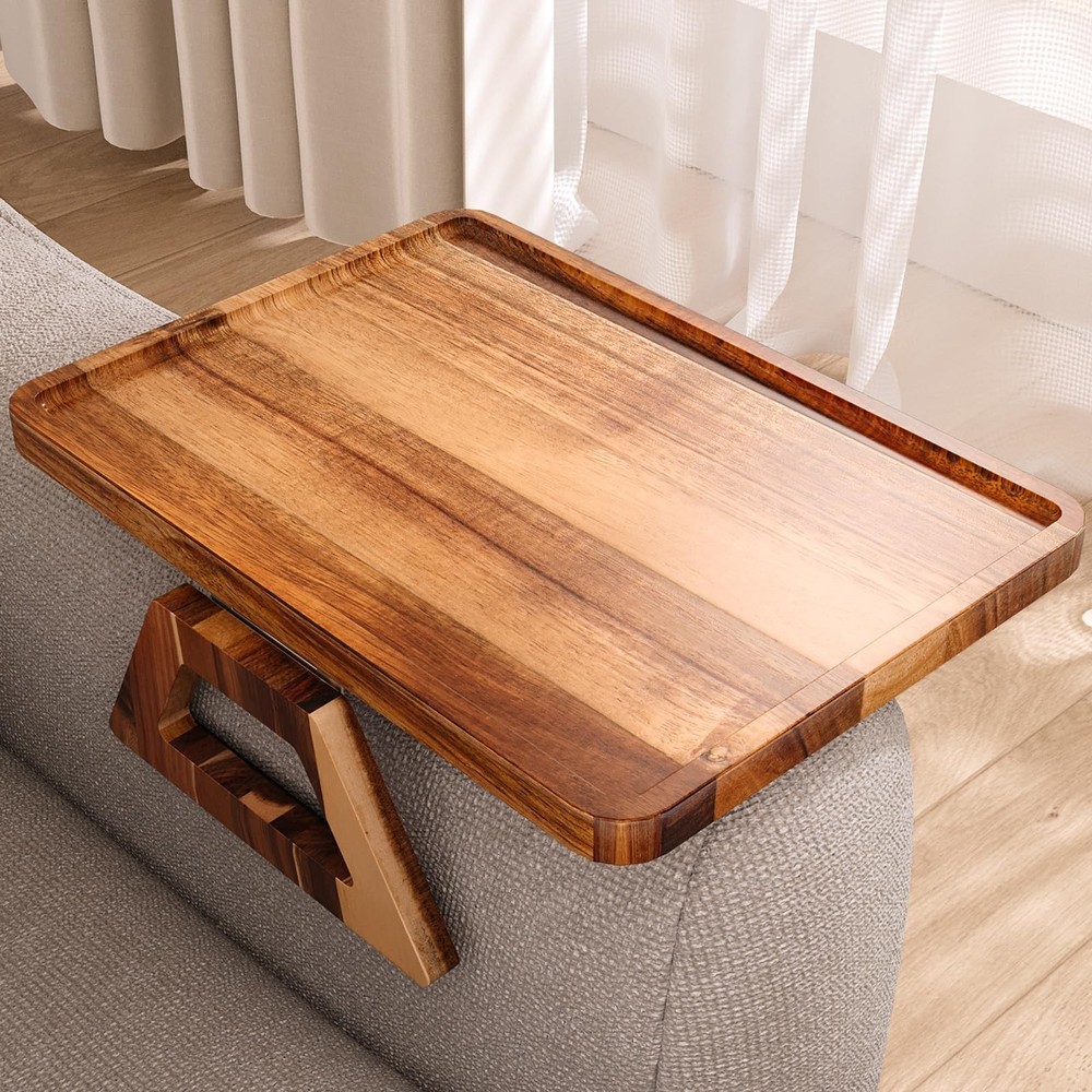 Acacia Wood Folding Clip-On Couch Arm Tray Sofa Armrest Table  
