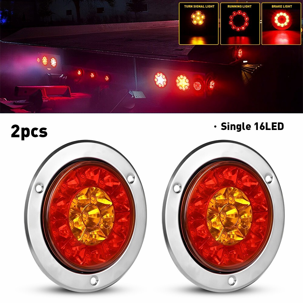 2pcs Amber Red LED Round Tail Light Stop Rear Brake Reverse Truck RV Trailer