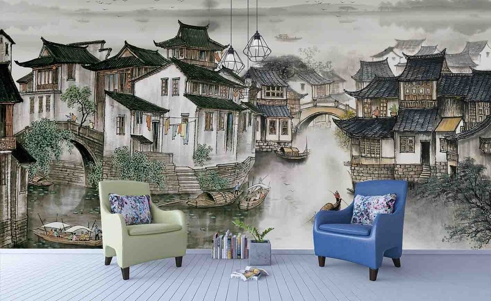 3D Chinese Architecture Watercolor Wall Murals Wallpaper Murals Wall Sticker