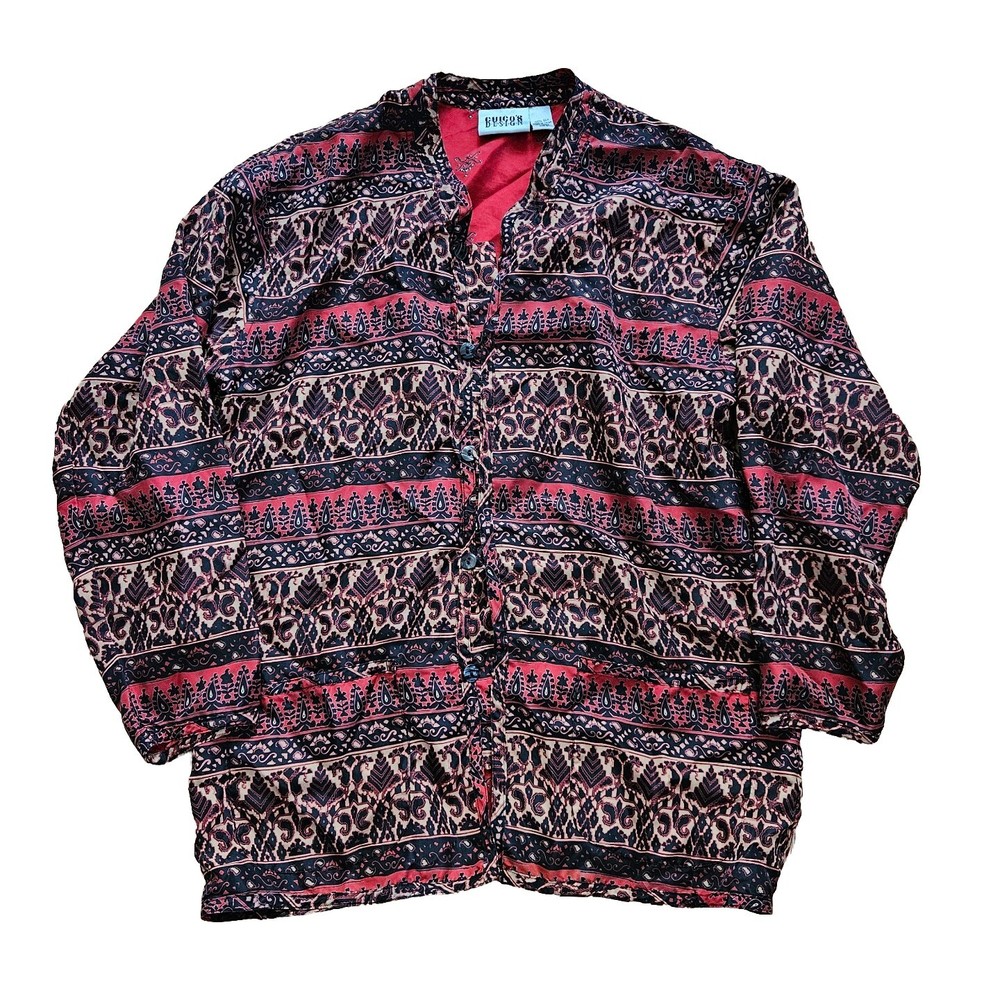 Chico's Design Womens Silk Jacket Top Art 0 S 4-6 Button Front Paisley Red Brown