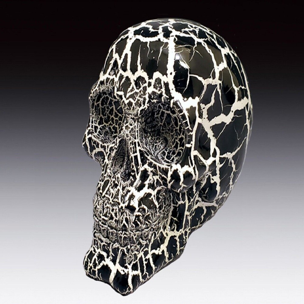 Black and White Crackled Skull Figurine 4.7 Inch