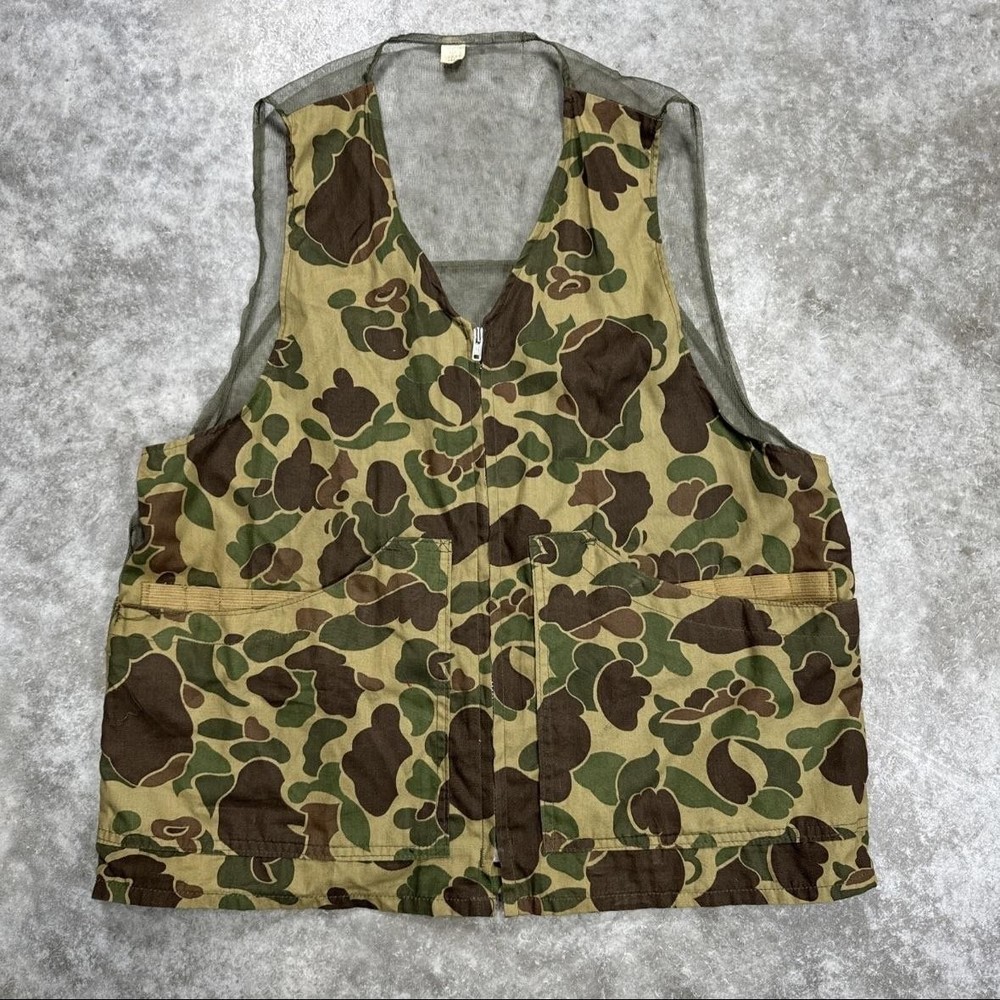 Vintage Duck Hunter Camo Vest Mens Small Green Brown Mesh Game Hunting Zip Front
