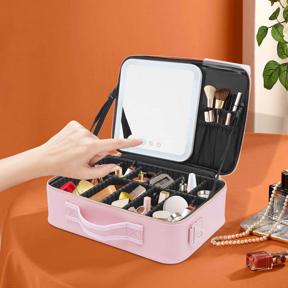 Portable Pink Makeup Bag with Mirror LED Lights and Shoulder Strap 5V