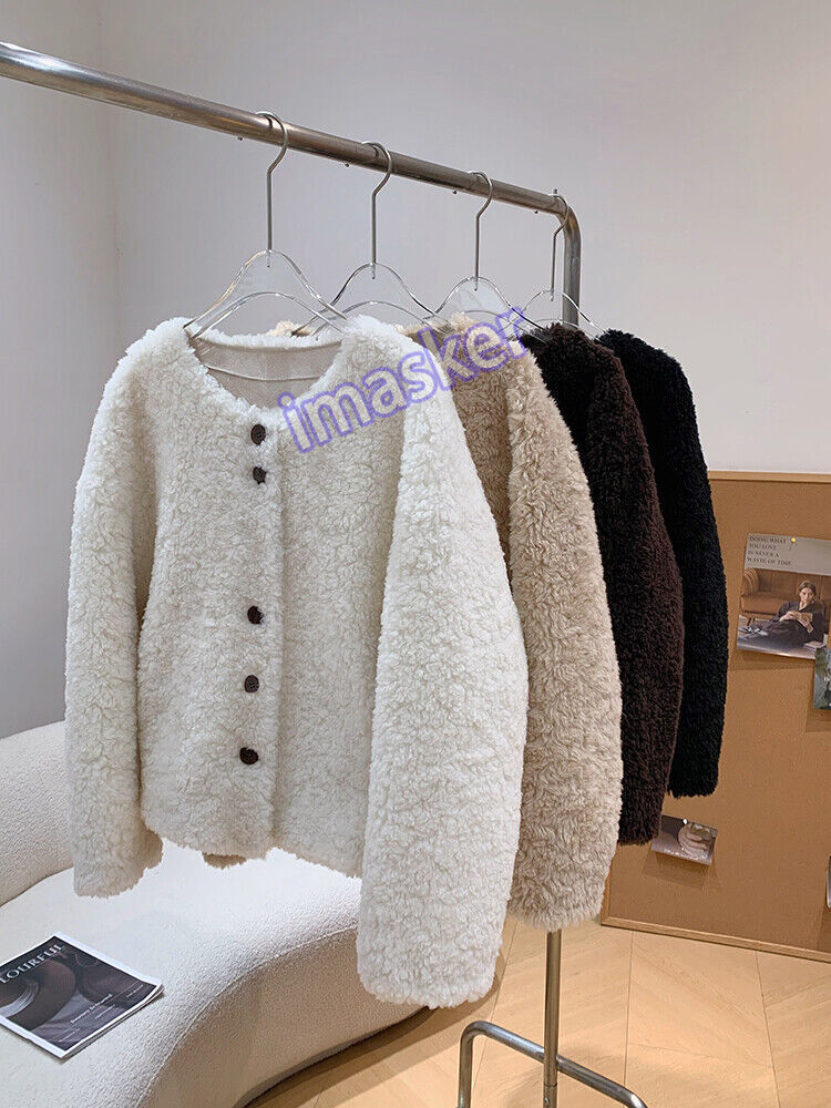 Round Collar Single-breasted Short Lambs Wool Coat Jacket Warm Womens Sz