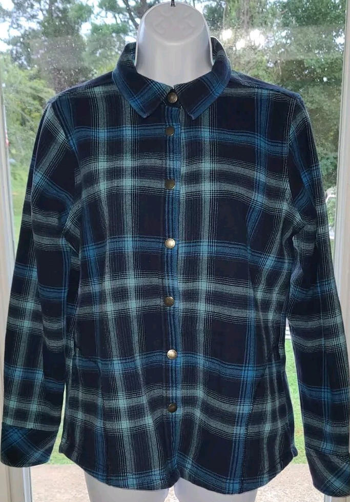 Orvis Women's Medium Navy Blue Fleece-Lined Flannel Winter Jacket with Snap Closure