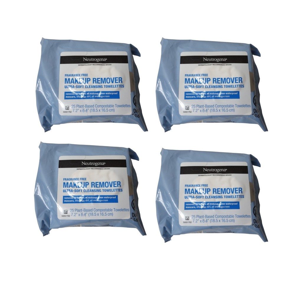 (4) NEUTROGENA~Fragrance Free Makeup Remover 100 Ultra-Soft Cleansing Towelettes