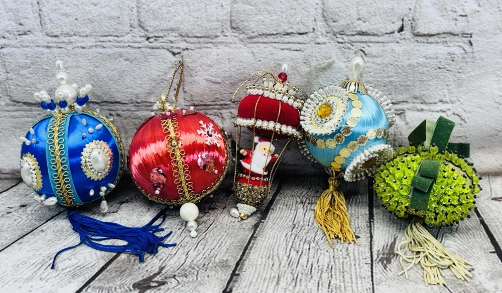 Vintage Handmade Lot 5 Satin Beaded Sequin Christmas Ornaments Colorful Mix