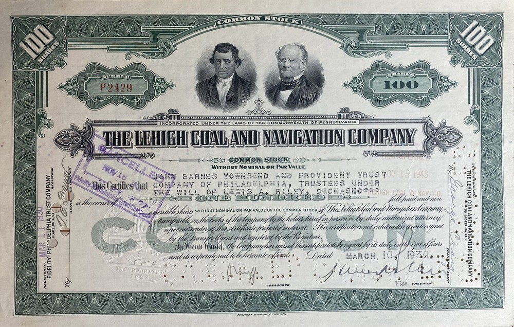 Vintage The Lehigh Coal And Navigation Co. • Stock Certificate • 100 Shares