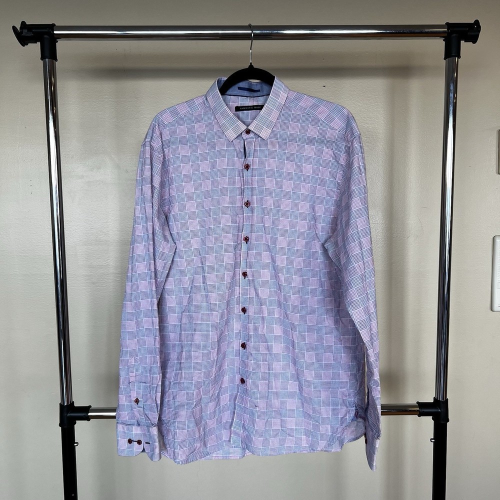 Hammer Made Shirt Mens 43/17 Blue Check Plaid Long Sleeve Button Front Cotton