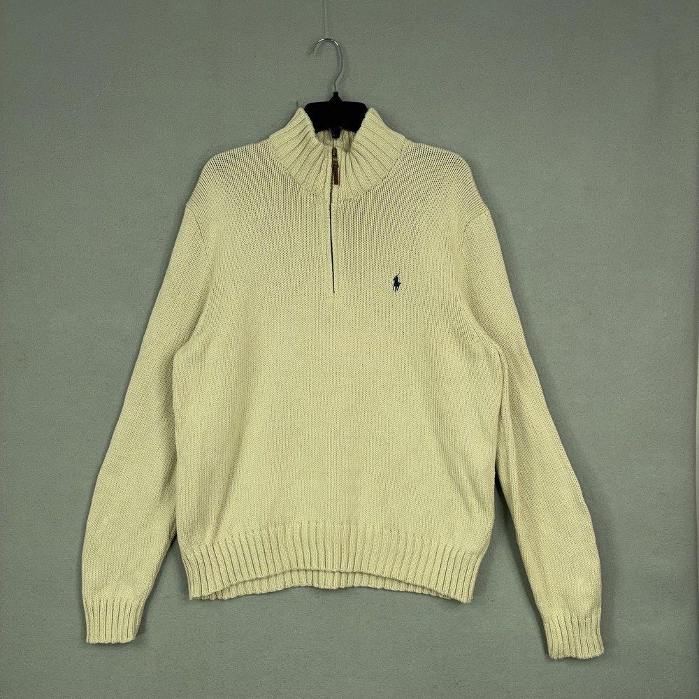 Polo Ralph Lauren Sweater Mens XL Cream Beige Cotton Quarter Zip Mock Neck Knit