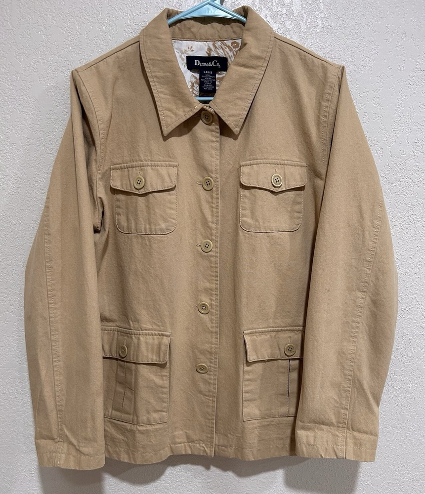 Denim & Co Womens Large Khaki Tan 100% Cotton Utility Jean Jacket